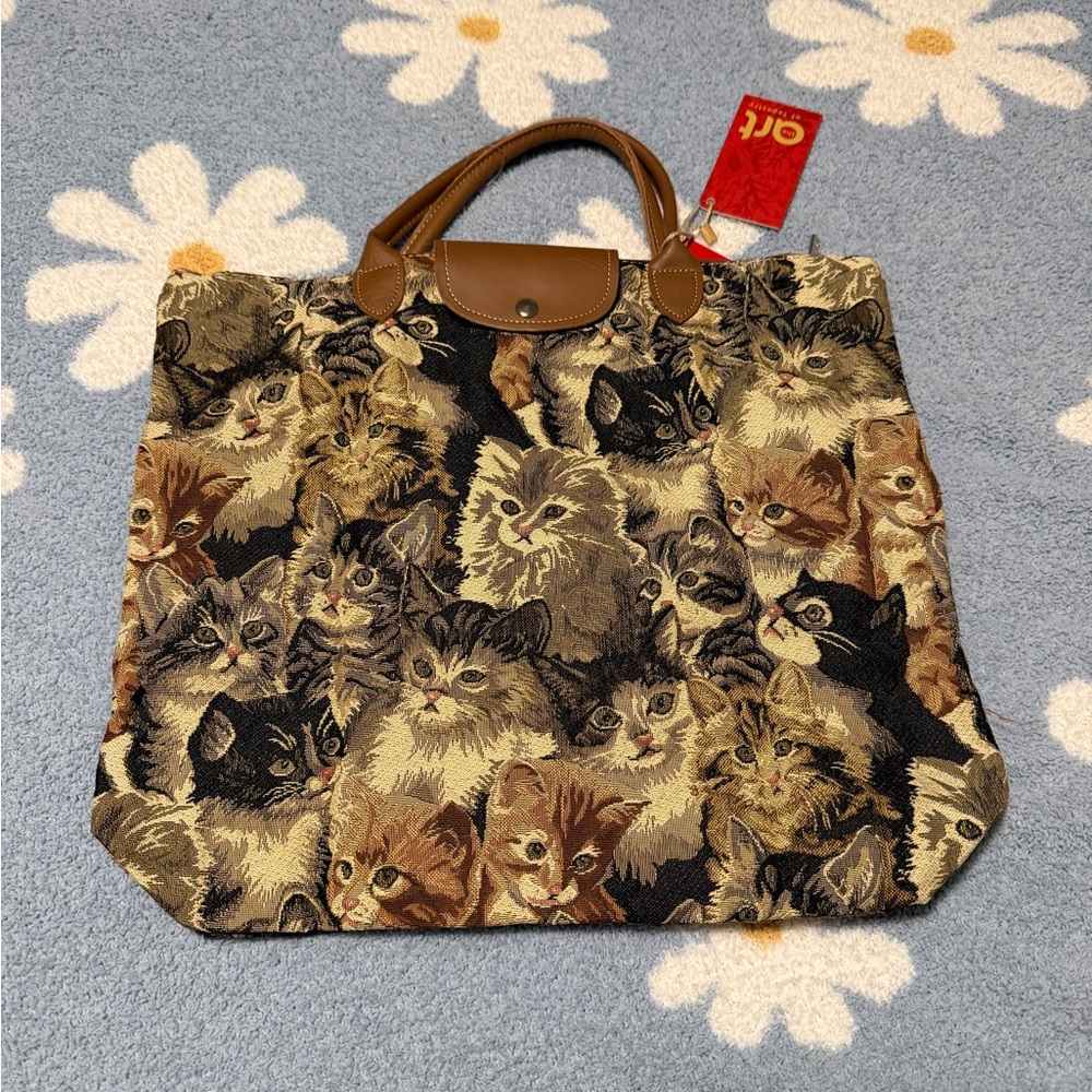 Signare Charming Cat Print Tapestry Tote with Brown Accents - Foldaway Tote